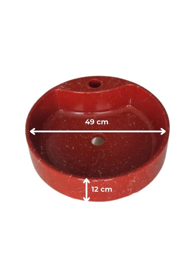 Mermer Desenli Tezgah Üstü Yuvarlak Çanak Taş Lavabo 45 Cm Musluk Delikli Bordo