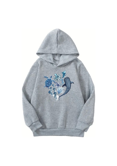 Unisex Gri Cocuk Kapüşonlu Sweatshirt Deniz Hayvanları Baskılı, Şardonlu Kalın Kumaş Gri