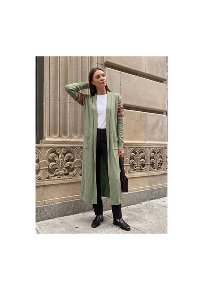 Onno Style Women Kilim Desen Uzun Triko Kadın Hırka Turkuaz