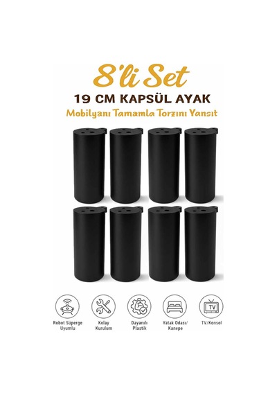 Kapsül Bohem 15 Cm Siyah Mobilya Kanepe Sehpa Tv Ünitesi Koltuk Ve Konsol Ayağı Siyah