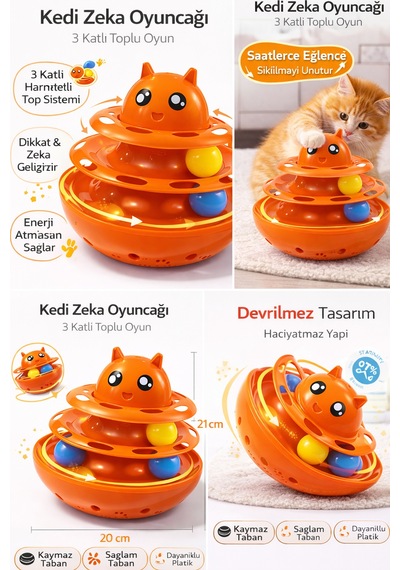 Hacıyatmaz Kedi Oyuncağı 3 Katlı Toplu Zeka Oyuncağı 20x21 Cm Devrilmez Interaktif Mama Oyuncağı