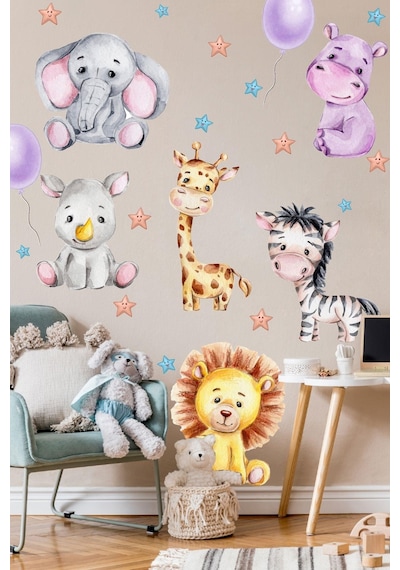 MSticker Sevimli Hayvanlar Balon Ve Yıldızlar Çocuk Bebek Odası Sticker Seti
