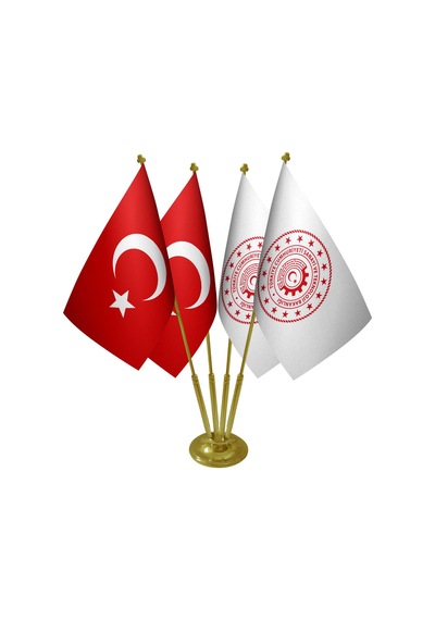 Masa Üstü Sanayi ve Teknoloji Bakanlığı Bayrağı Türk Bayrağı Dörtlü Pirinç Direk Masa Bayrak Seti