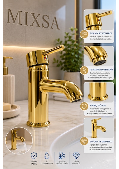 Lüx Gold Premium Sabit Lavabo Bataryası Pirinç Ağır Gövde Çift Su Girişli Lüx Lavabo Bataryası Çeşmesi Musluğu Altın