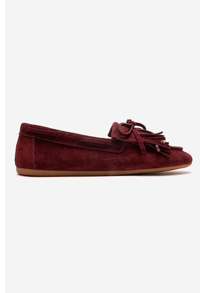 Luvishoes Evelyn Bordo Süet Hakiki Deri Püsküllü Boncuklu Kadın Loafer Ayakkabı