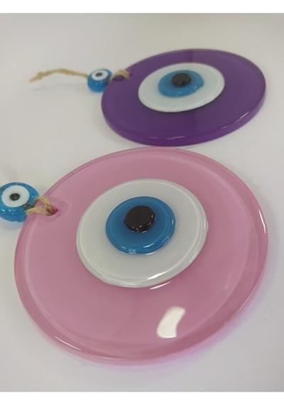 Ikili Set Opak Toz Pembe Ve Mor Nazar Boncuğu 10 Cm El Yapımı Cam