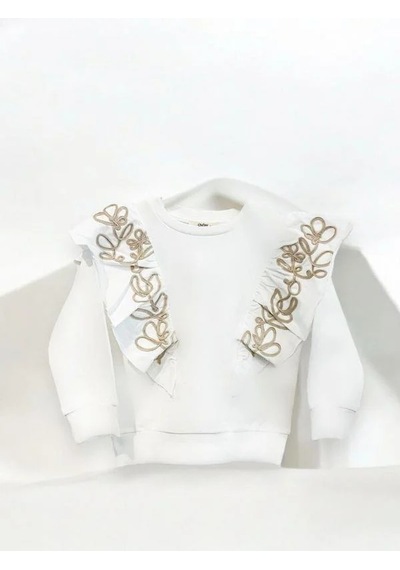 Kız Çocuk Pamuklu Orta Kalınlık Omuzları Fırfırlı Ve Nakışlı Sweatshirt-14447 Ekru