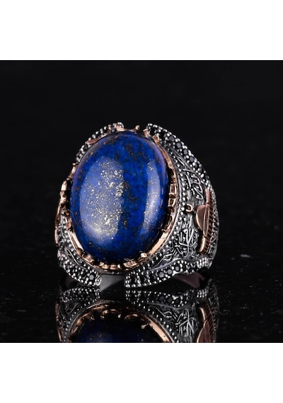 El Yapımı Lapis Lazuli Taş Yüzük, Gümüş Camii Yüzük, 925 Ayar Sert Gümüş Erkek Yüzük - Bilgelik Ve Gerçek Tasarımı Gümüş