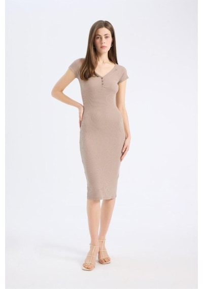 DeFacto Bodycon Vücudu Saran V Yaka Fitilli Kaşkorse Kısa Kollu Midi Elbise E7368AX25SPBG73