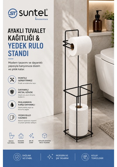 Buççin Online Mağaza Siyah Metal Ayaklı Tuvalet Kağıtlığı Ve Yedek Rulo Standı Modern Wc Kağıtlık Metal Siyah Çok Renkli
