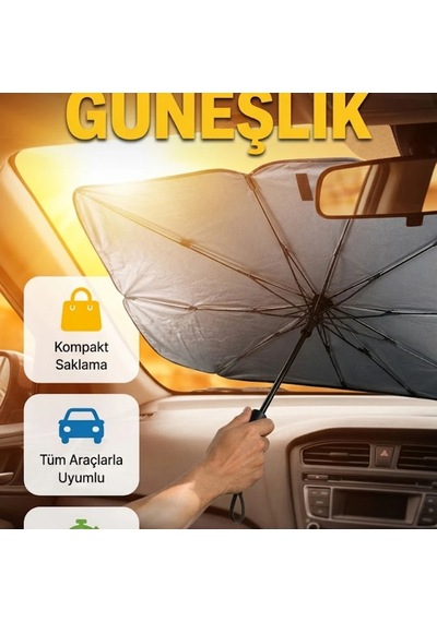 Şemsiye Tipi Katlanabilir Oto Güneşliği Upe Alaşımlı 125x65 Cm Araç Ön Cam Koruyucu