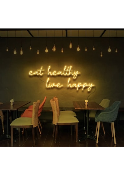 Eat Healthy Live Happy Yazılı Neon Tabela Sarı