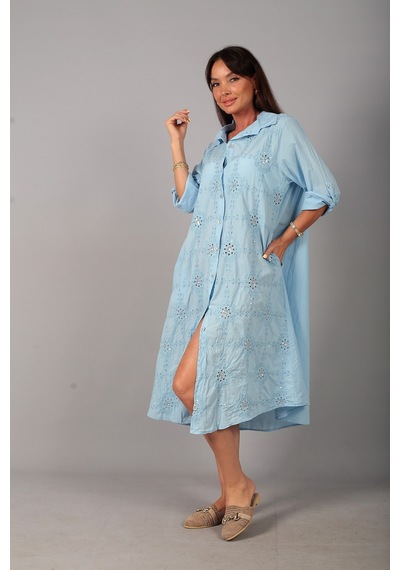 By Saygı Kadın İtalyan Cotton Cepli Kabartma Nakışlı Pullu Oversize Uzun Elbise Bebe Mavi