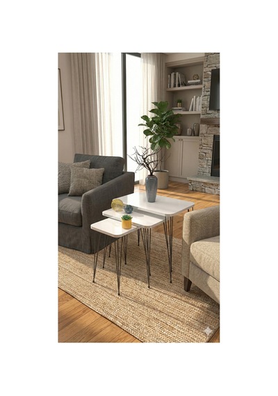 Metal Ayaklı Zigon Sehpa 3 Lü Set Beyaz