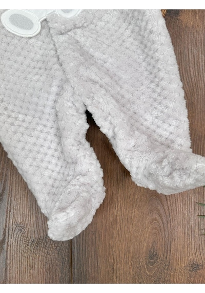 101 Dalmaçyalı Peluş Ayıcık Nakışlı Patikli Çıtçıtlı Kışlık Erkek Bebek Tulum Gri