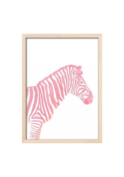 Pembe Zebra Doğal Ahşap Çerçeveli Poster, Dekoratif Hayvan Duvar Tablosu