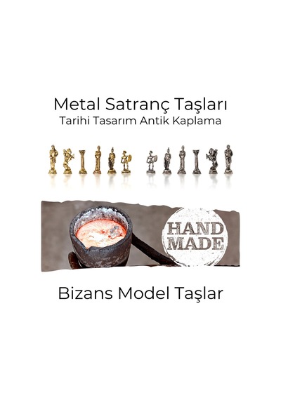 Mc102 Satranç Takımı 25x25cm - Bizans Figürlü Metal Taşlar Gerçek Ağaç Tahta El Yapımı Hediyel