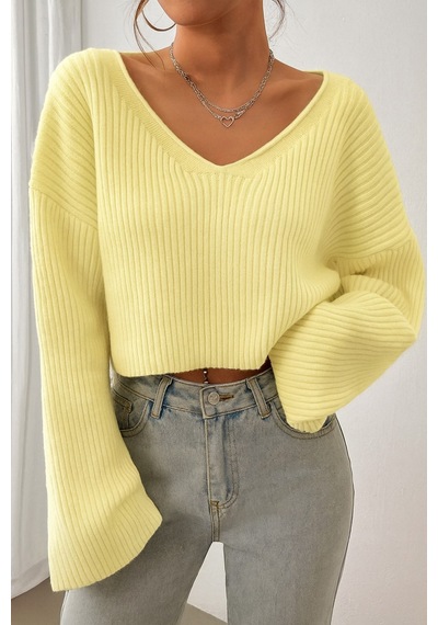 Nimas Kadın Oversize V Yaka Triko Crop Kazak Sarı - 660238521 Sarı
