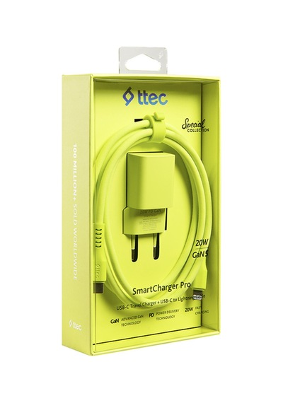 Smartcharger Gan 20w Pd Seyahat Hızlı Şarj Aleti + Usb-c - Lightning 120cm Kablo Neon Sarı