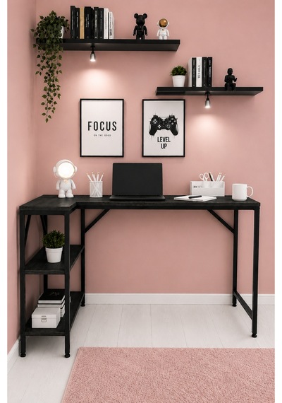 Siyah L Masa, Kitaplıklı, Raflı, 120 Cm Çalışma Masası, Bilgisayar, Pc, Oyuncu, Gaming Masası Metal Ayaklı