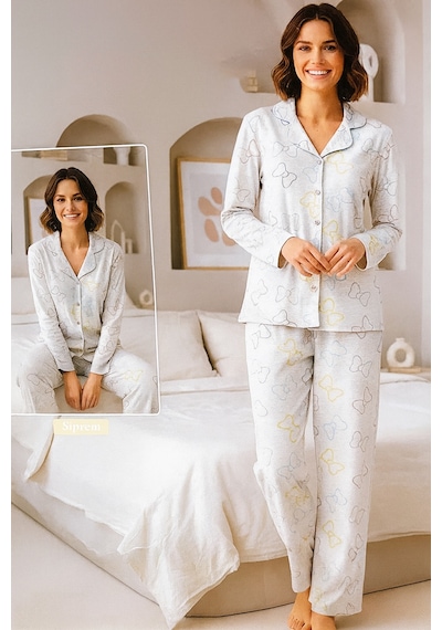 Remsa Kadın Kurdele Desen Suprem Düğmeli Pijama Takımı 0520 Gri04 Gri04