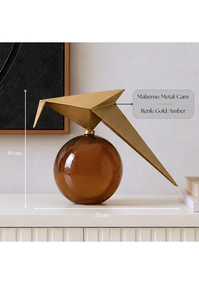 Auren Glide Gold Metal Kuş Figürlü Amber Camlı Dekoratif Biblo