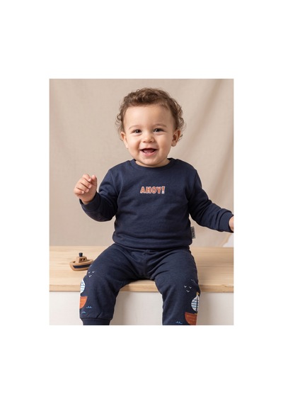 Deniva Kids Erkek Bebek Ahoy Baskılı Siyah Sweatshirt Ve Eşofman Altı 2'li Pamuklu Takım