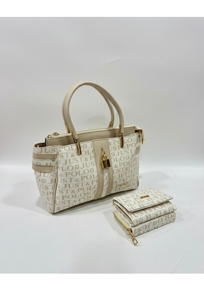 Just Polo Kadın Lüks El & Omuz Çantası Gold Detaylı Özel Tasarım Çanta Ve Uyumlu Cüzdan 22x28 Cm Krem