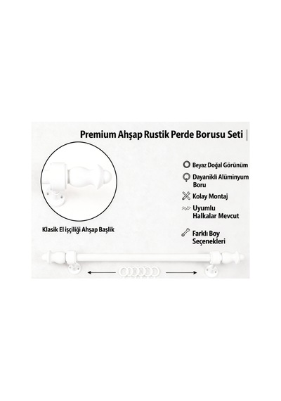 Beyaz Ahşap Rustik - Alüminyum Borulu Ahşap Başlıklı Ahşap Ayaklı Perde Askısı - Halkalı Klipsli Beyaz275cm - 865560222 Beyaz275cm