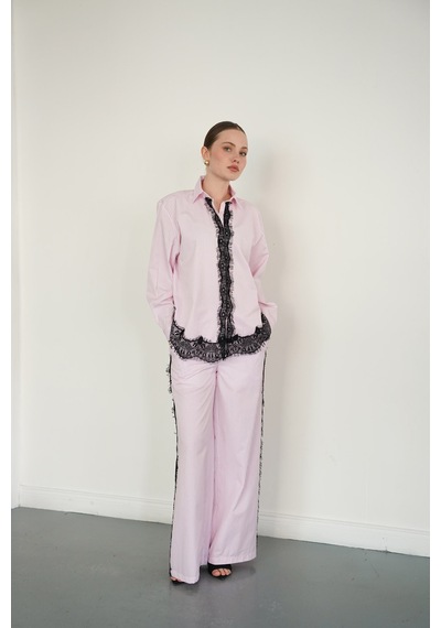 Verymoda Dantel Detaylı Çizgili Gömlek - F2082 Pembe