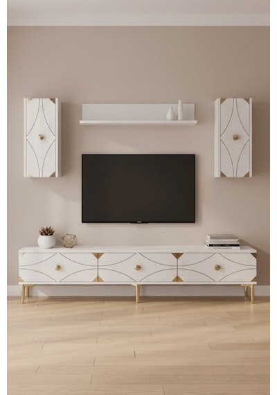 Tvr1897bg - Alfa Tvr180 Tv Ünitesi Takım , Tv Sehpası Beyaz - Gold 180cm