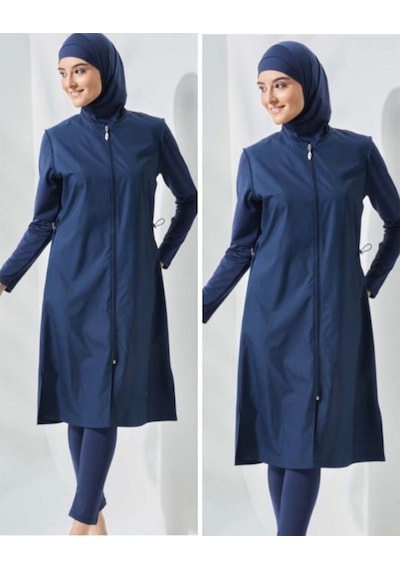 Seamay Allsea 3075 Lacivert 2 Li Kollar Lycralı Tam Boy Tesettür Mayo
