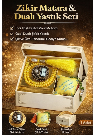 İnci Detaylı Dijital Zikir Matik, Tesbih & Dualı Yastık Seti Özel Kutulu Manevi Hediyelik Tesbihmatik Sarı