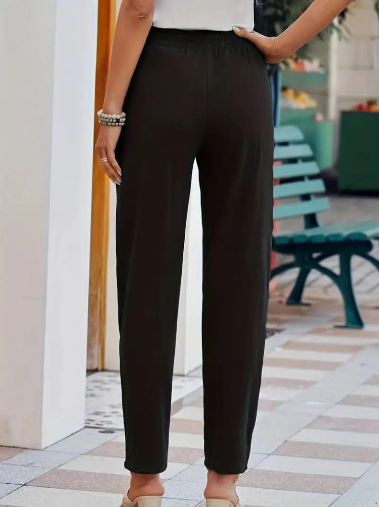 İkales Kadın Beli Lastikli Keten Pantolon Siyah