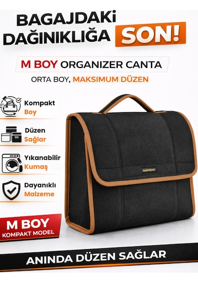Oto Bagaj Organizer Bagaj Çantası M Boy Kaymaz Cırt Bantlı Velur Kompakt - Siyah Kahverengi