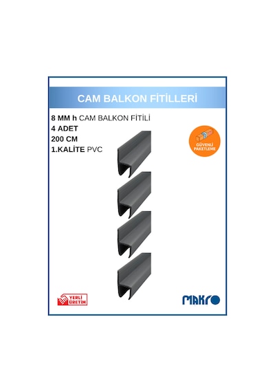 8 Mm Küçük H Y Alüminyum Görünümlü 1. Kalite Plastik Cam Balkon Fitili 200 Cm 4 Adet 2 M
