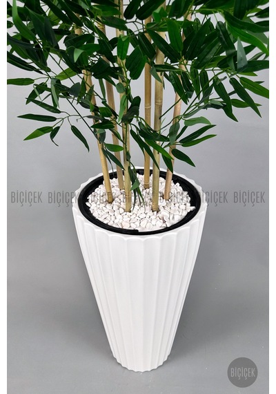 Yapay Bambu Ağacı 6 Dallı Yoğun Yapraklı 220 Cm Beyaz Lilyum Saksıda