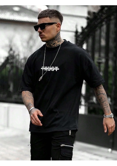 T-shirt - Trust Baskılı Oversize Bisiklet Yaka Kısa Kol Tişört Siyah