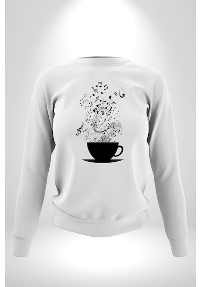 Kahve Müzik Nota Unisex Beyaz Sweatshirt Beyaz