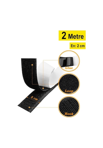 Dünya Magnet Yapışkanlı Siyah Cırt Cırtlı Bant, 2 Mt Amerikan Fermuarı, 2cm Genişlik Cırt Band