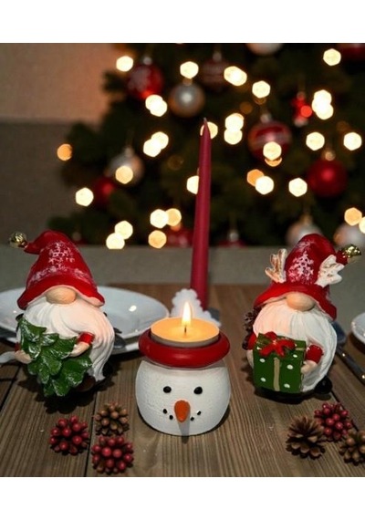Dekoratif Yılbaşı Dekor Seti Noel Cücesi Figürleri Ve Kardan Adam Mumluk Yeni Yıl Masa Üstü Süsleme