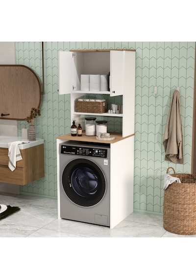 Robin Home Alaska Çamaşır Makinesi Dolabı 2 Kapaklı Raflı Sepet-beyaz Beyaz