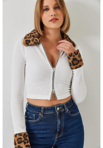 Shade Kadın Leopar Peluşlu Fermuarlı Hırka 60261015 - Beyaz