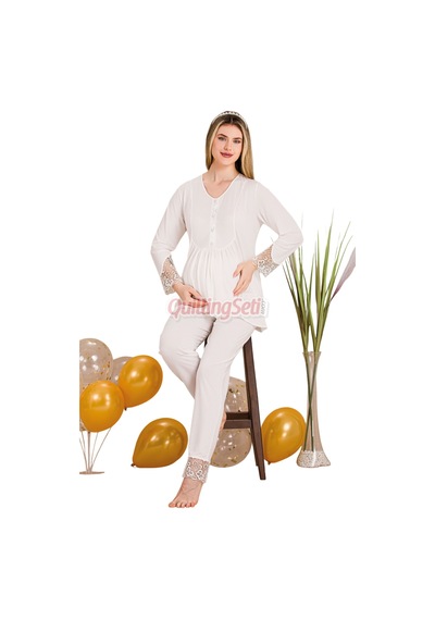 Lady Dantel Detaylı 33204 Uzun Kol, 2 Parça Lohusa Hamile Pijama Takımı Ekru