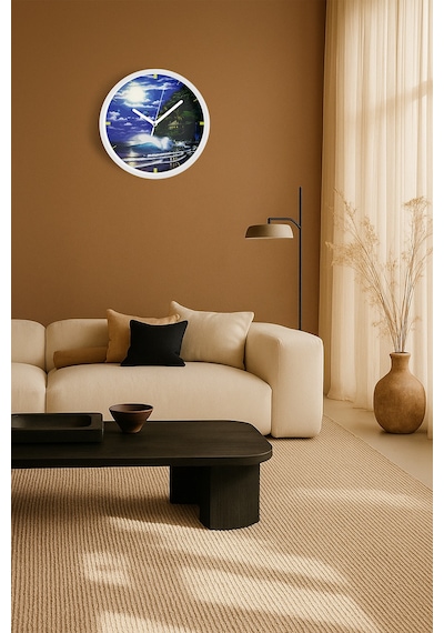 Gece Manzaralı Okyanus Dalgaları Modern Duvar Saati - 42cm - Önü Camlı Beyaz Kasa - Sessiz Mekanizma Beyaz
