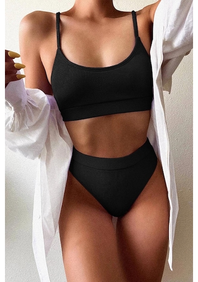 Angelsin Yüksek Bel Fitilli Kumaş Bikini Altı Siyah
