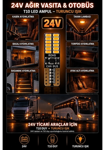 24 Ledli Dipsiz T10 Park Ampulü 24v Turuncu Işık 2 Adet