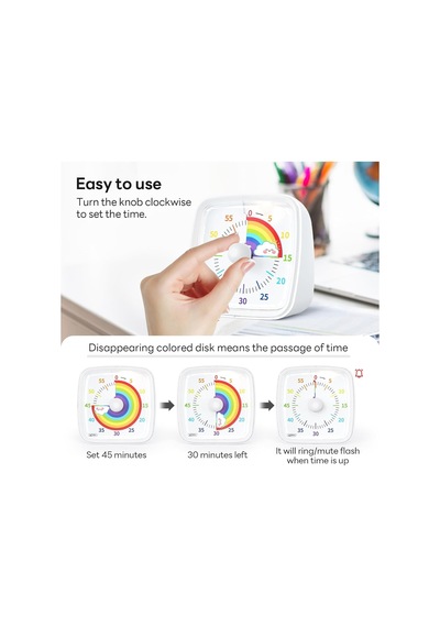 Yunbaoit Gece Işıklı Beyaz Renkli Timer Gökkuşağı Tasarımlı 60 Dakikalık Mekanik Mutfak Ve Çocuk Zamanlayıcı Çok Renkli