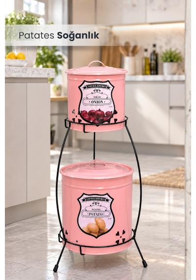 2 Katlı Pembe Metal Patates Soğanlık Kovası Çeyizlik Sebzelik Saklama Kabı - Pembe
