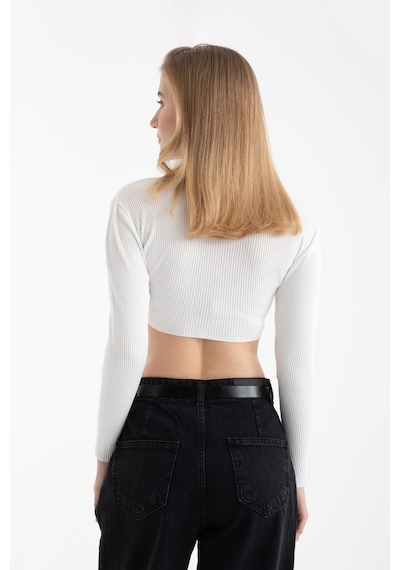 Hiccup Yuvarlak Yakalı Fitilli Örme Uzun Kollu Crop Top Tozlu Beyaz